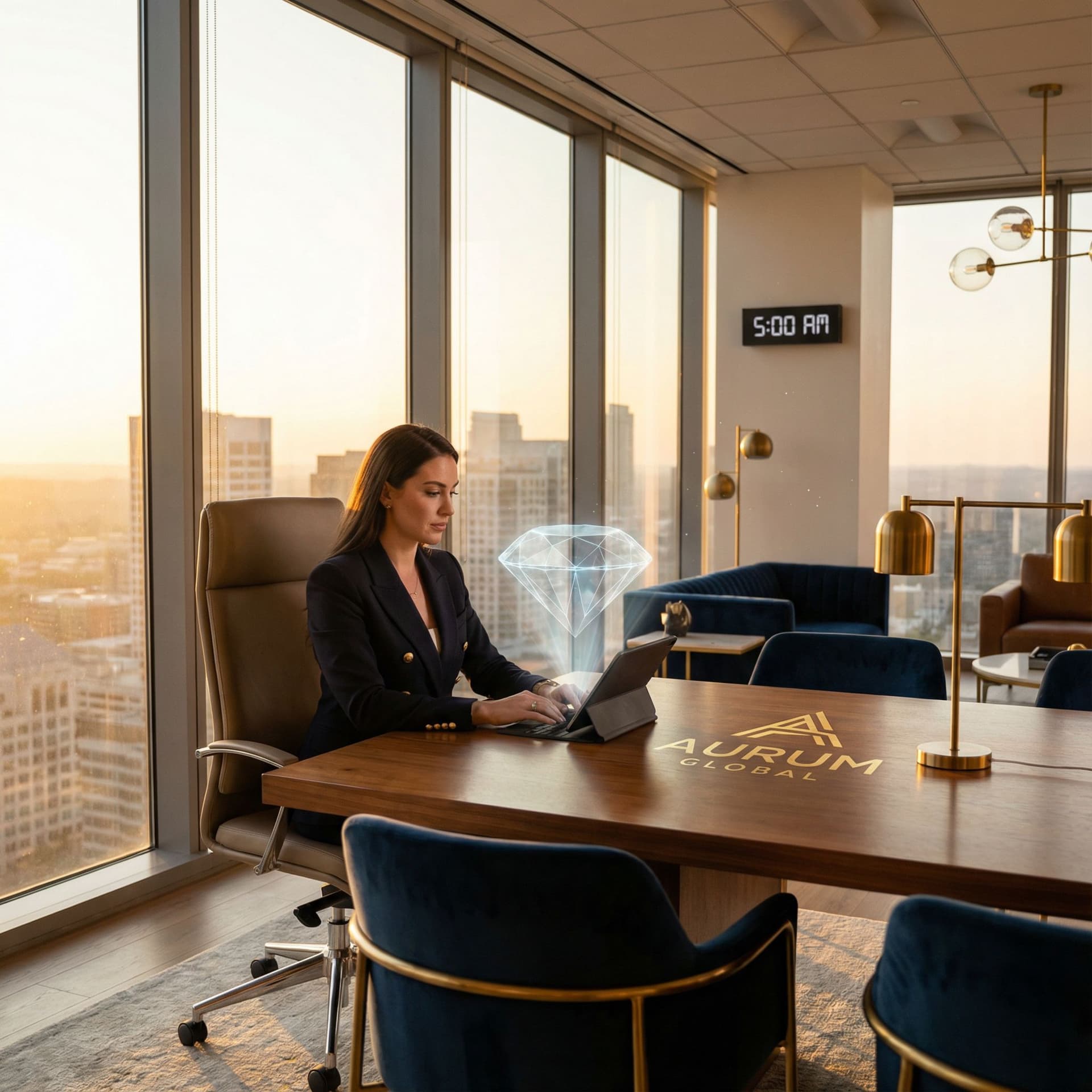 AI generated: High-quality photography of a powerful, elegant woman leader in a modern executive office with a vie...