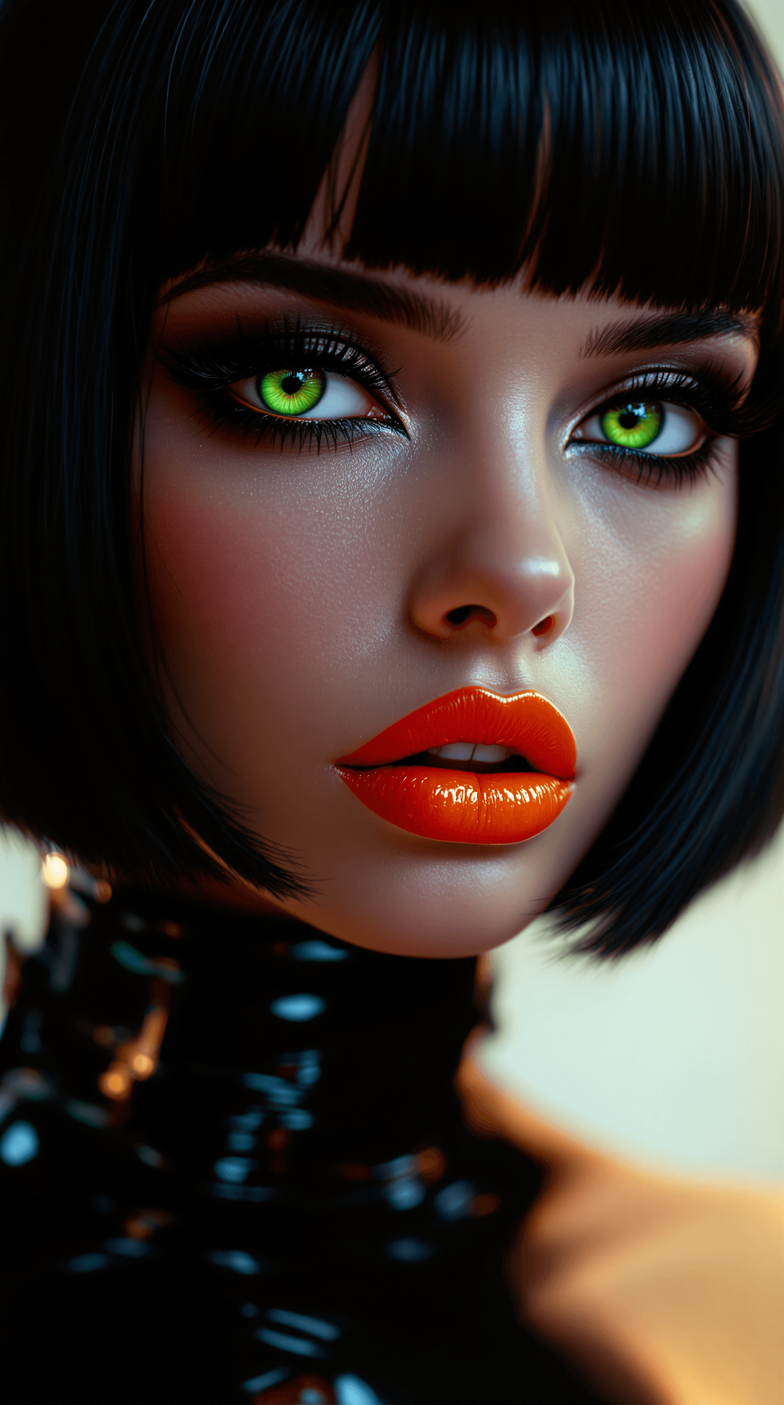 AI generated: portrait, front view, black straight sleek short hairstyle, glossy texture, bold makeup, profound em...