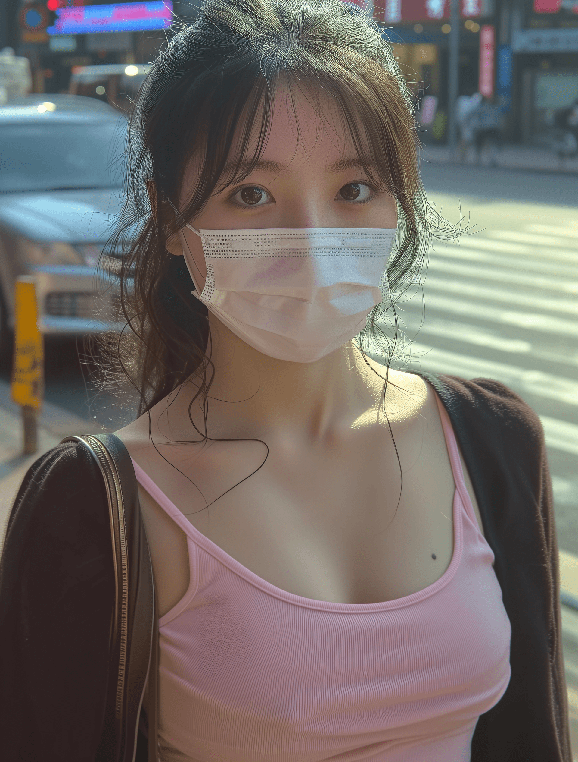 AI generated: https://s.mj.run/tdGOJqP_gDs a woman wearing a cute pink face-mask on the street, flirtatious glance...