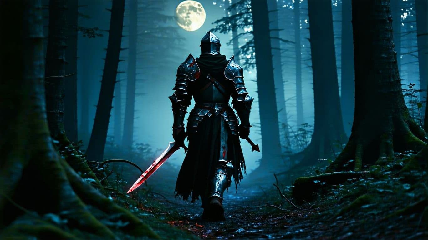 AI generated: A lone medieval knight walking through an ancient dark forest at night, wearing battered armor stain...
