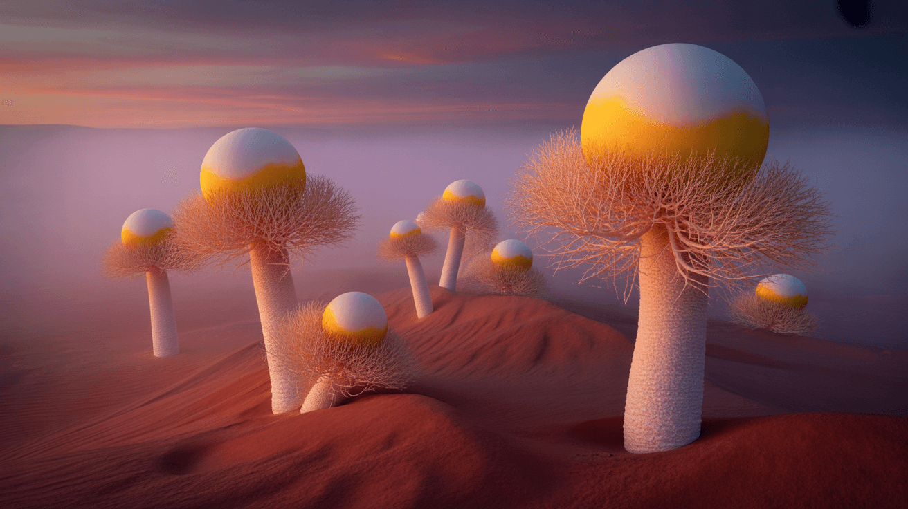 AI generated: create-a-surreal-desert-with-alien-plants-the-plants-are-shaped-like-canary_yellow_pearl-white