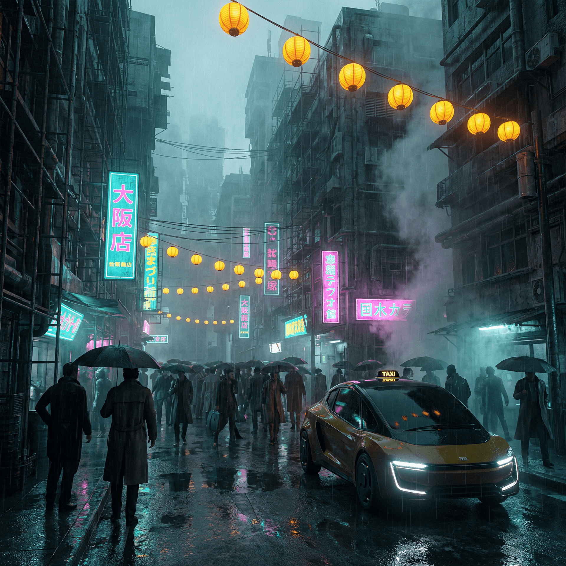 AI generated: A dense, rain-drenched cyberpunk alley at night in a futuristic Japanese megacity, heavy downpour wi...