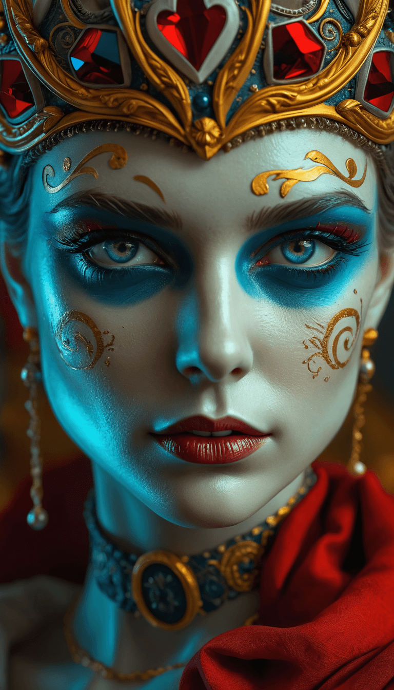 AI generated: beautiful red, blue and gold makeup on a woman, in the style of venetian scenes, hyperrealistic scul...