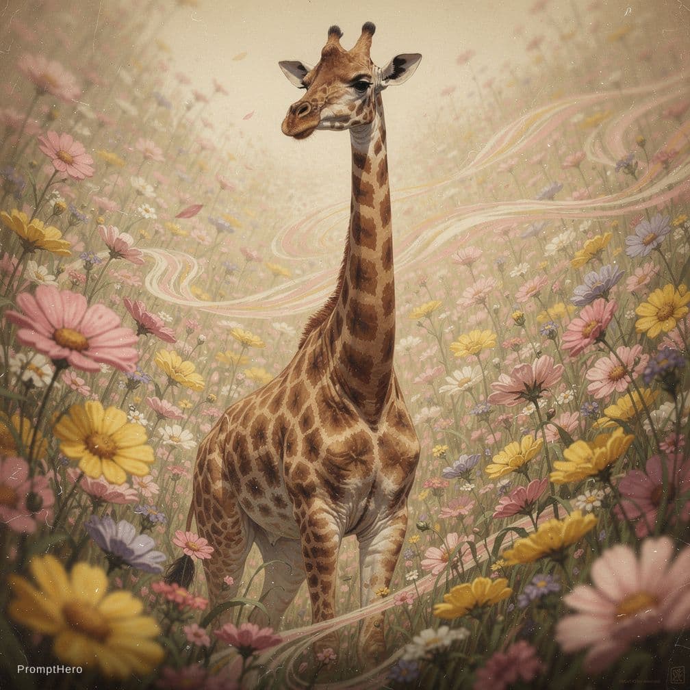 AI generated: giraffe in flowers by artist arne thun, in the style of natalia rak, 8k resolution, vintage aestheti...