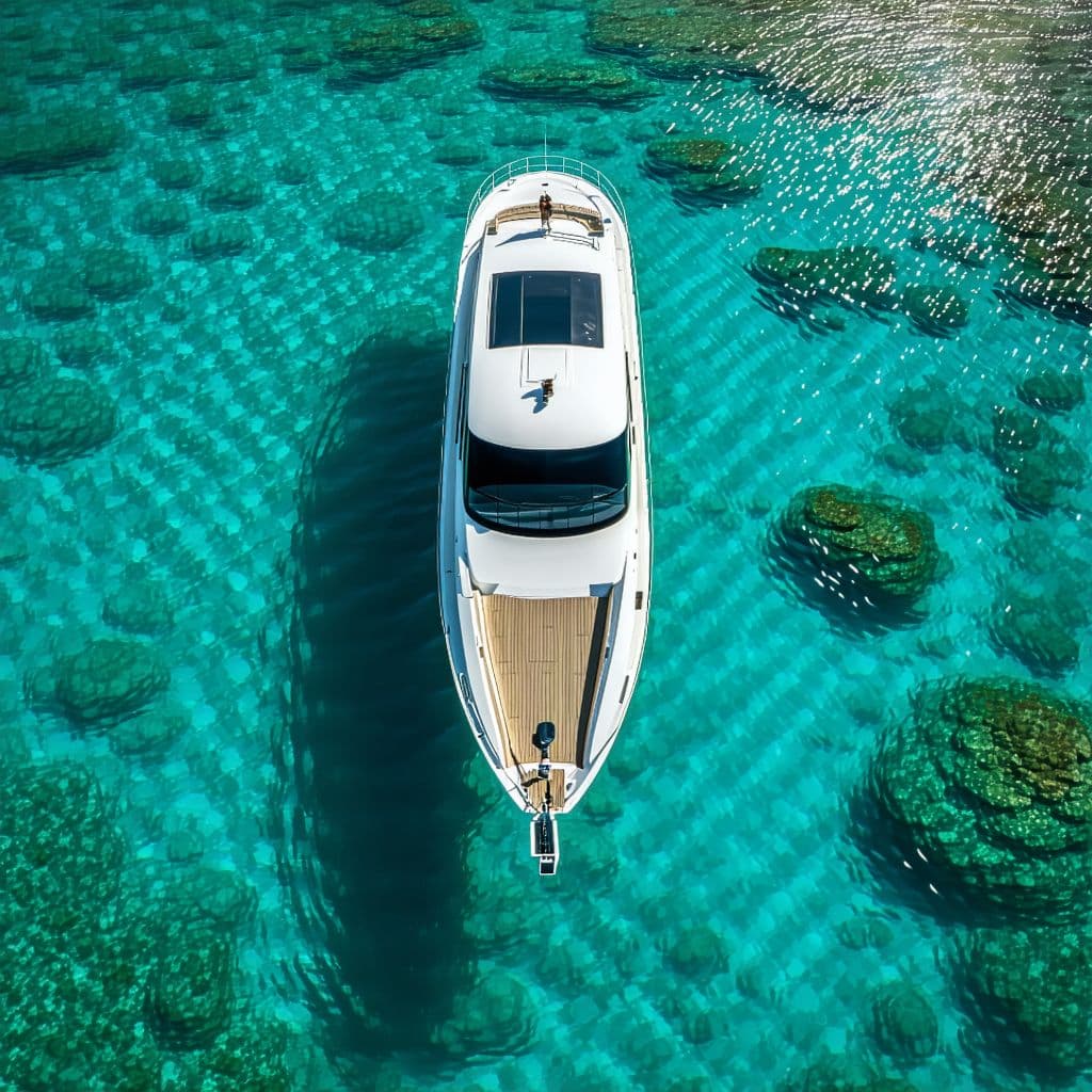 AI generated: Split shot of above the water a 72 Aquila yacht floating in crystal clear water in a lagoon and belo...