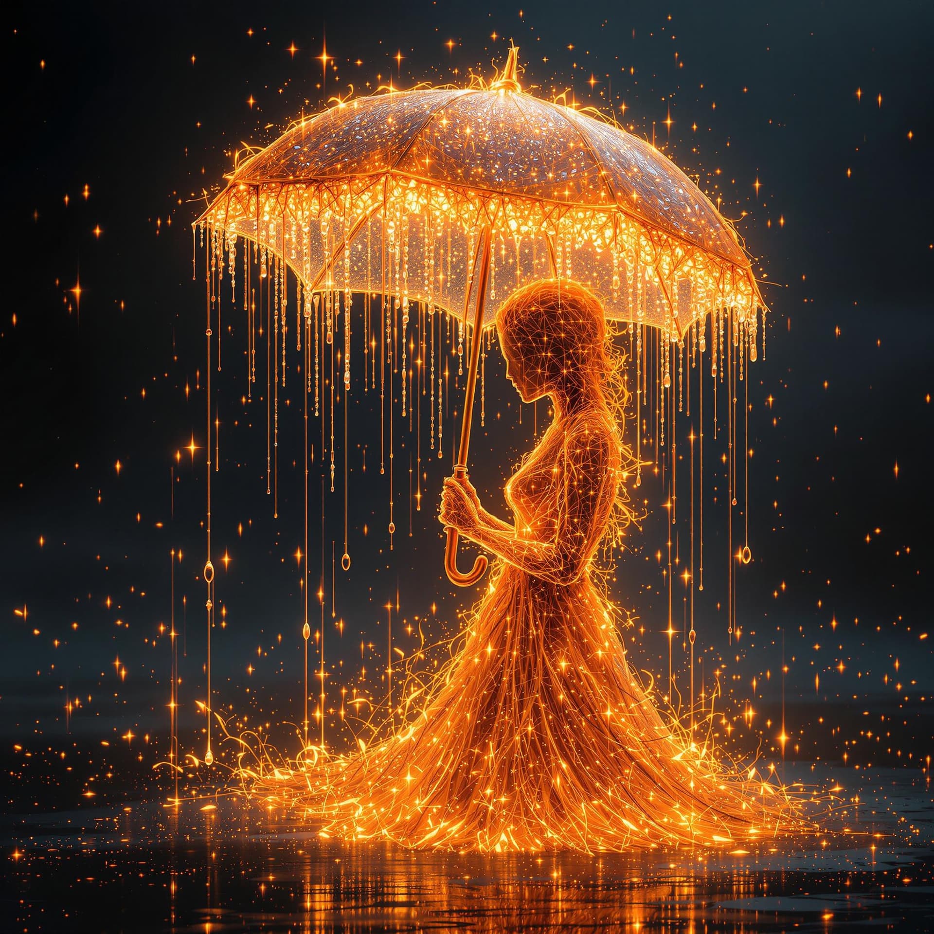AI generated: An enchanting figure made of enchanted flames stands holding a magnificent umbrella made of cascadin...