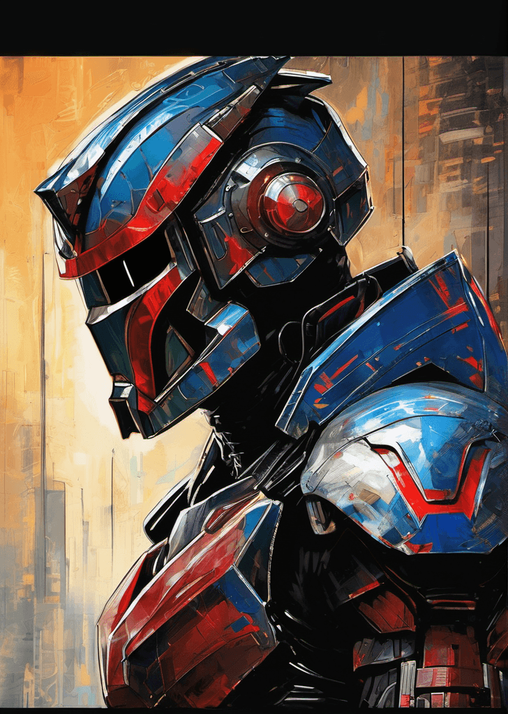 AI generated: a digital wallpaper portrait of sci-fi robot, from side, desperate, red and blue, sci-fi dark movie ...