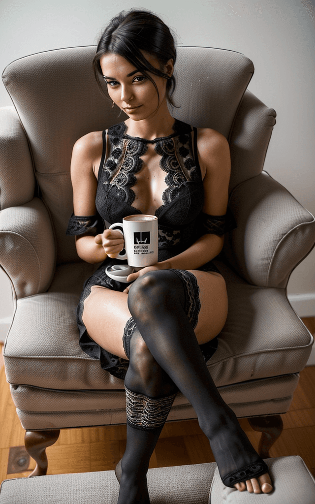 AI generated: create the image of an attractive woman, who is sitting in an armchair at home. She wears a black bo...