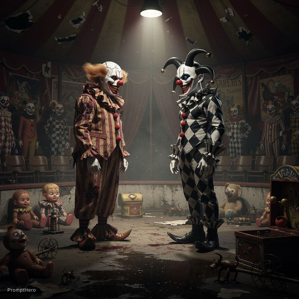 AI generated: Dialogue between a scary clowns,background old circus,with creepy toys,mystical atmosphere,scary jes...