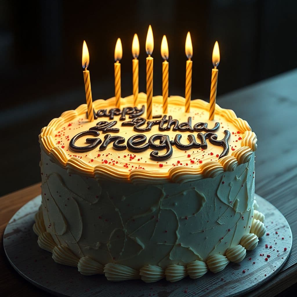 AI generated: hyper realism, high detail, cake, that says happy birthday Gregory on the icing, whole cake, 42 cand...