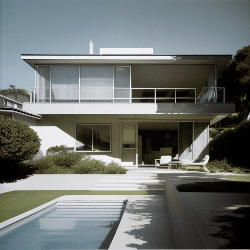 AI generated: Hyper realistic eye level exterior photo of a mid century modern style house overlooking the ocean, ...