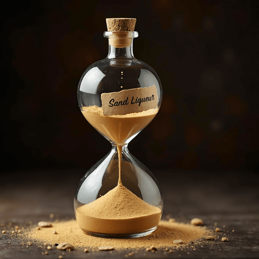 AI generated: a bottle of expensive tasty liqueur made in the shape of an hourglass with a liquid-like sand flowin...