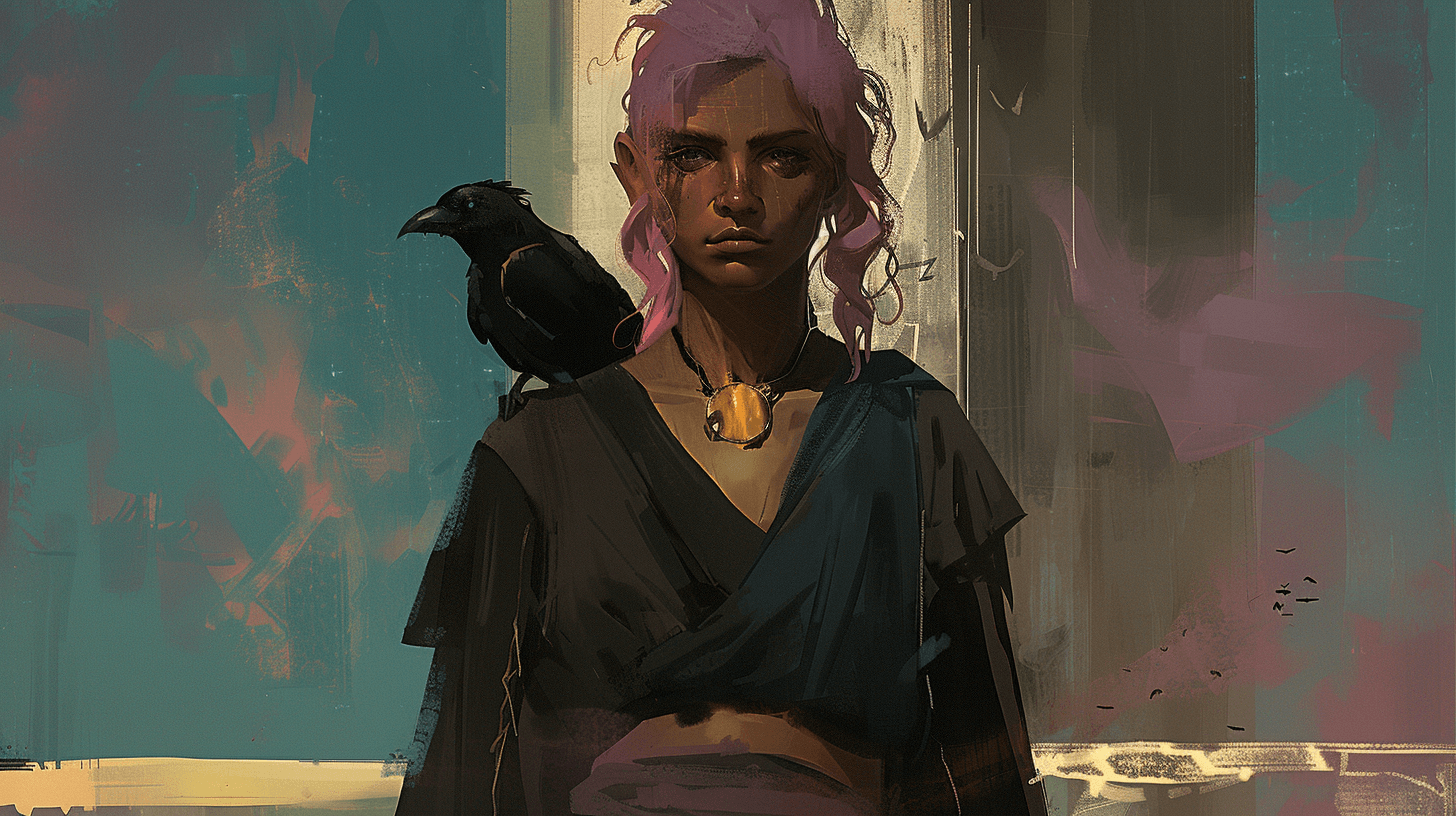 AI generated: female wizard with dark sun-kissed skin and pink hair, beautiful, fantasy, character sheet, high qua...