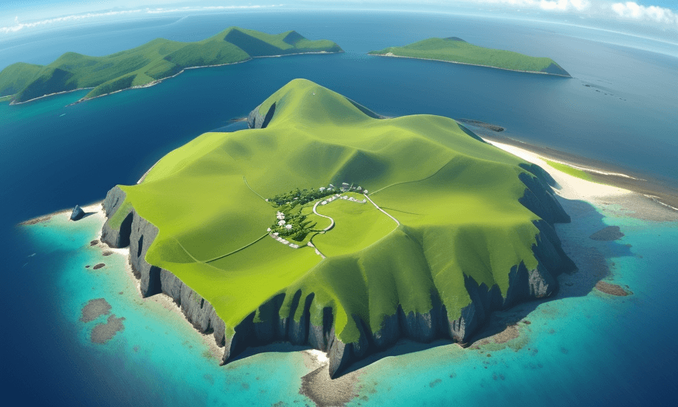 AI generated: bird's eye view high up looking down of a simple island. you can see the mainland in the background....