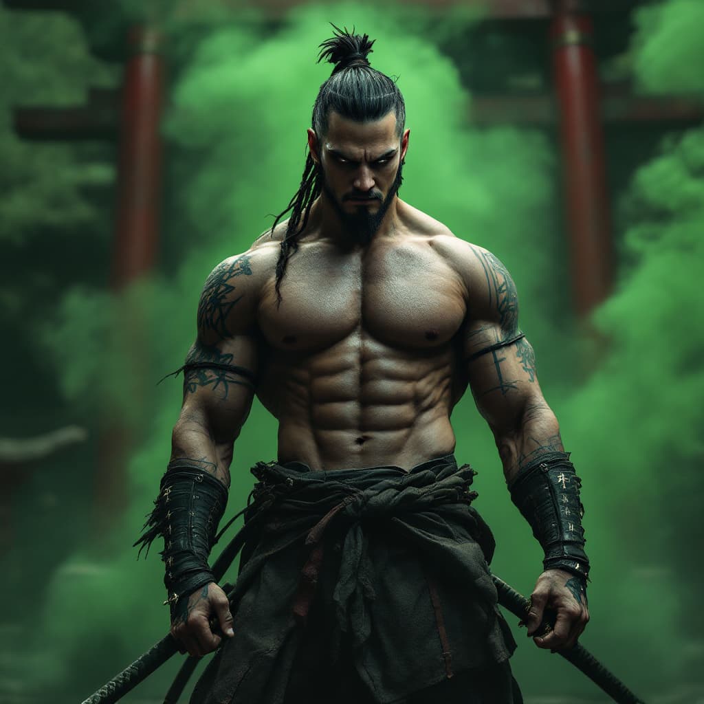 AI generated: samurai, epic professional photo shoot, standing, tatto, muscular, katanawith kanji, green smoke, st...
