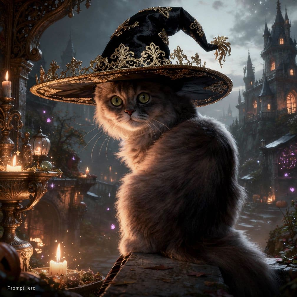 AI generated: Witch fluffy cat, ultra detailed, hyperrealism, epic, barok, opulent, majestic, filigree, high quali...