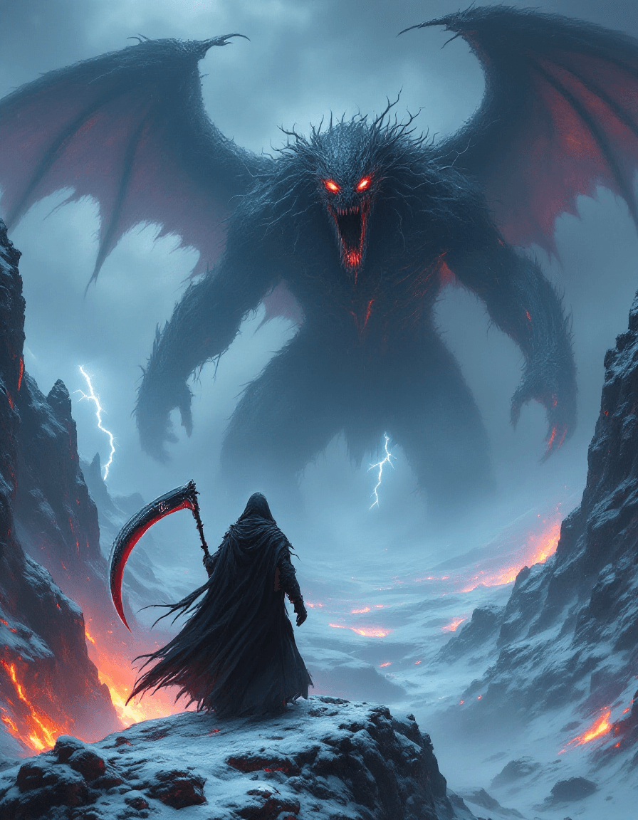 AI generated: A cinematic dark fantasy showdown in a storm-ravaged, snow-covered wasteland. A cloaked reaper-like ...