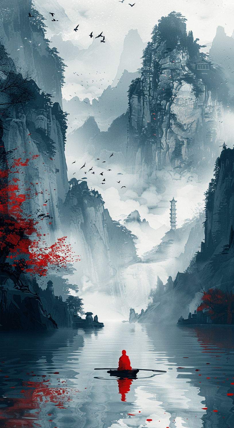AI generated: 1 person in red is sitting in a boat on the river, the river is beside a mountain, there is a tower ...