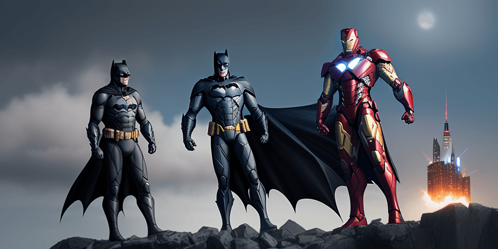 AI generated: batman et iron man sont cote a cote à la montagne,  concept art:: --ar 16:9