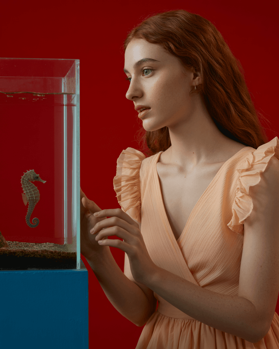 AI generated: A young, light-skinned woman, likely in her late teens or early twenties, is depicted close to a gla...