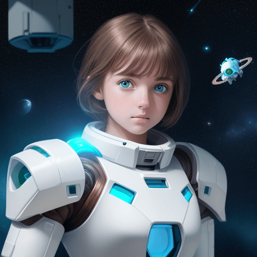 AI generated: Girl in white armor, brown hair, green eyes, floating in space and her small white robot with blue l...