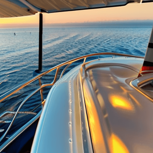AI generated: evening sea and a sea port in a distance, city lights, early sunset, view from a board of a motor ya...