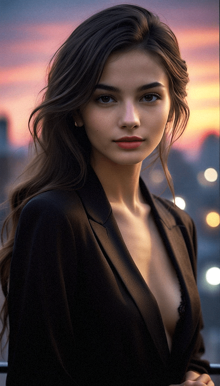 AI generated: An image of a young woman with a contemporary urban setting at twilight. Her expression is soft yet ...