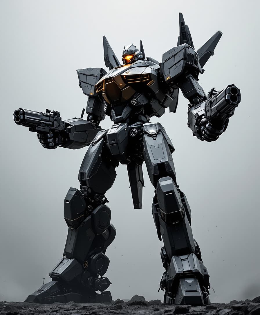 AI generated: giant mech robot, equipped with a powerful gun in each hand, imposing and towering in stature, sharp...