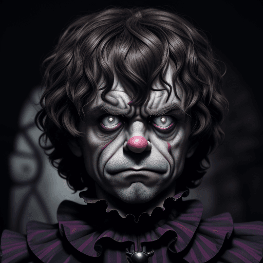 AI generated: """""evil clowncore, cheshire cat cryatal eyes,Tyrion Lannister, anger in the eyes,looking up toward...