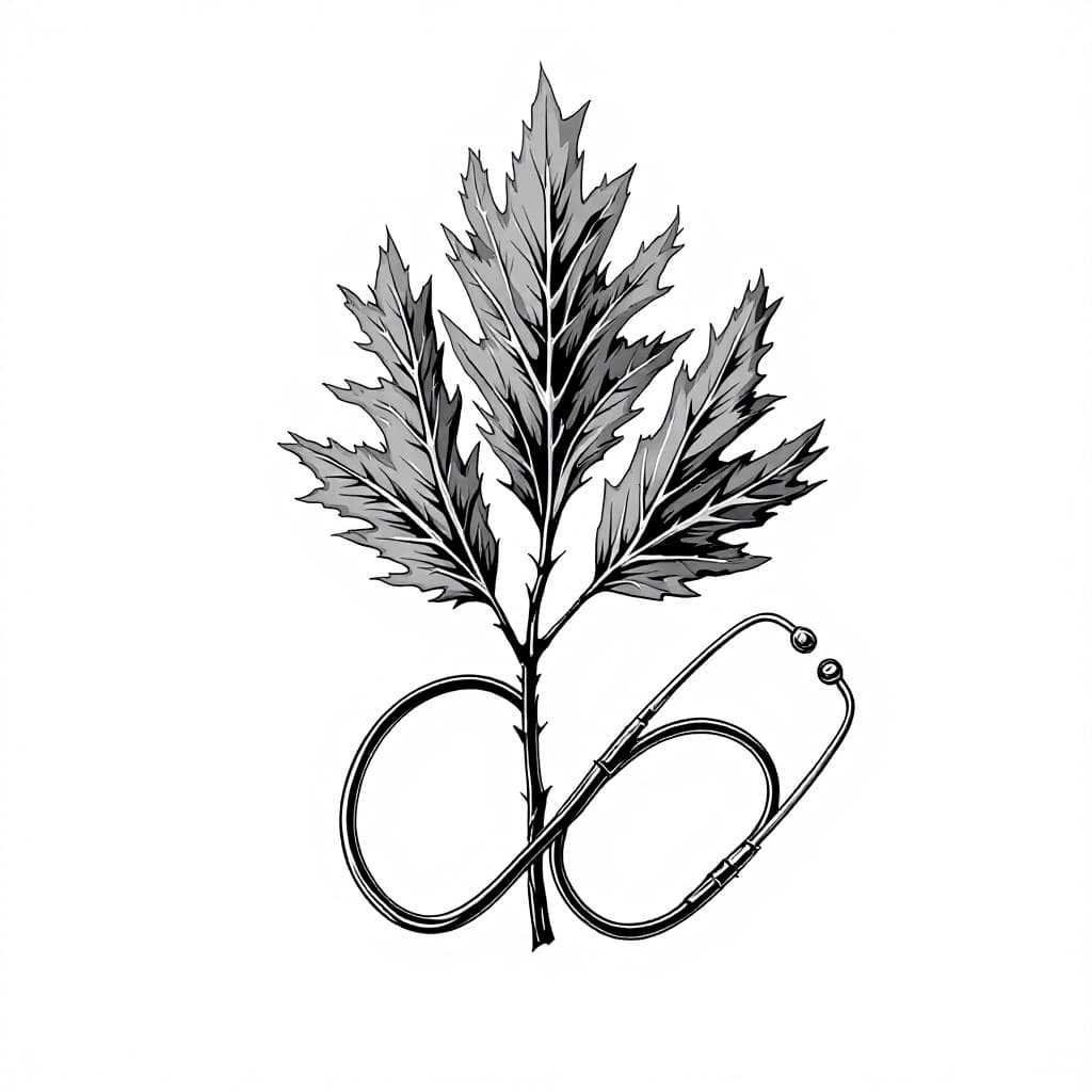 AI generated: Illustration of oak branch and stethoscope shaping, all in black, white background