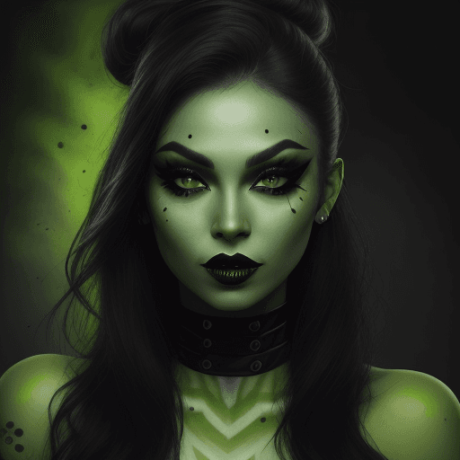 AI generated: A woman with green skin wearing black lipstick and heavy eyeliner