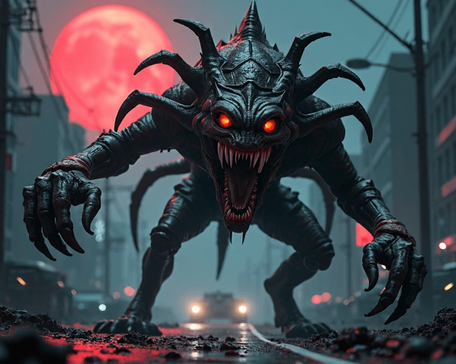 AI generated: ((masterfully crafted horror rendition)) of ((nightmarish, Create a terryfying drooling, long pointe...