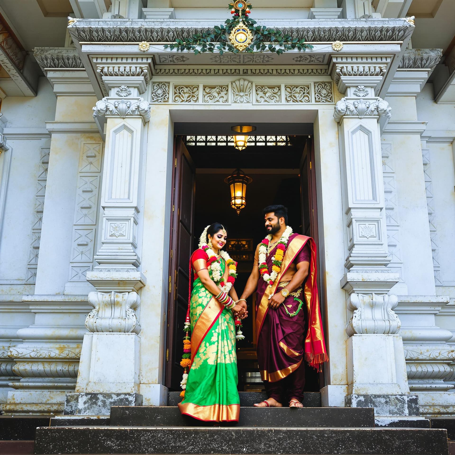 AI generated: Create a captivating image of a bride dressed in a traditional Kerala saree and a groom in a mundu, ...