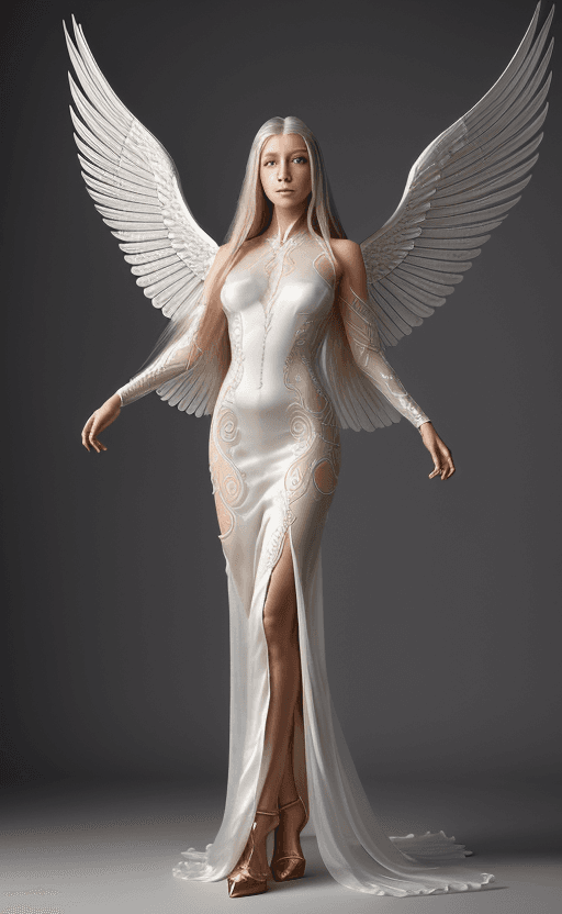 AI generated: realistic photo of an archangel wearing a long translucent white silk dress, beautifully detailed fa...
