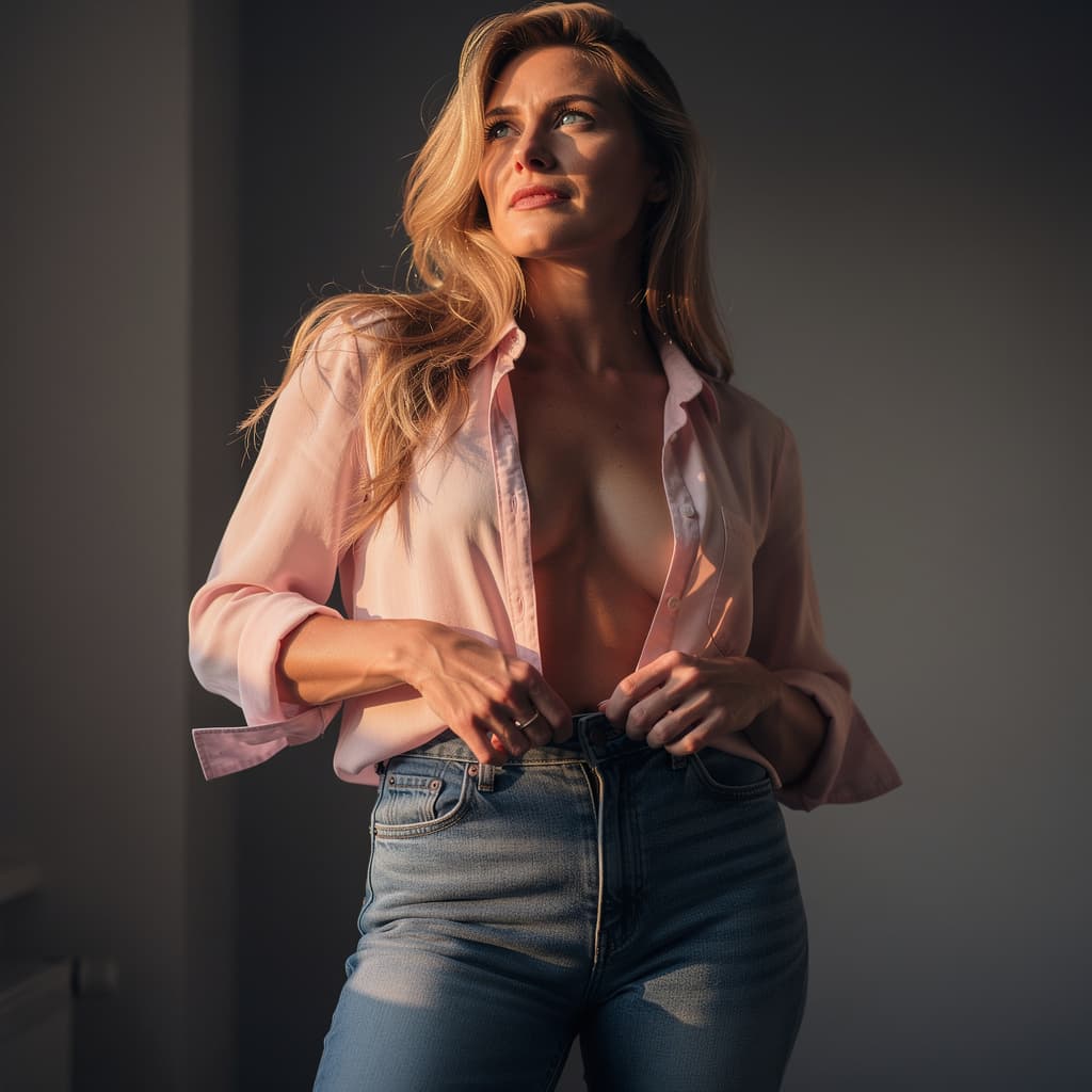AI generated: A fit adult woman stands confidently in a dimly lit room, her long blonde hair cascading down to fra...