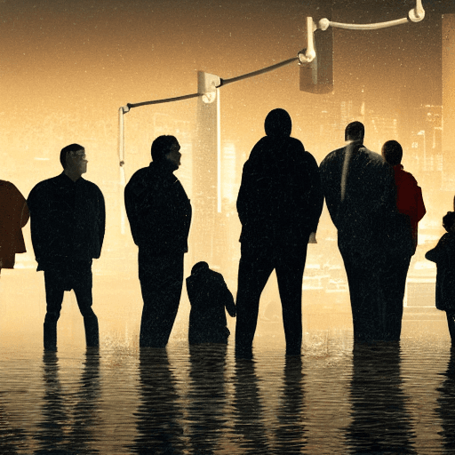 AI generated: photograph of 10 adults young and old, men and womens,  standing on a hospital roof, silhouetted by ...