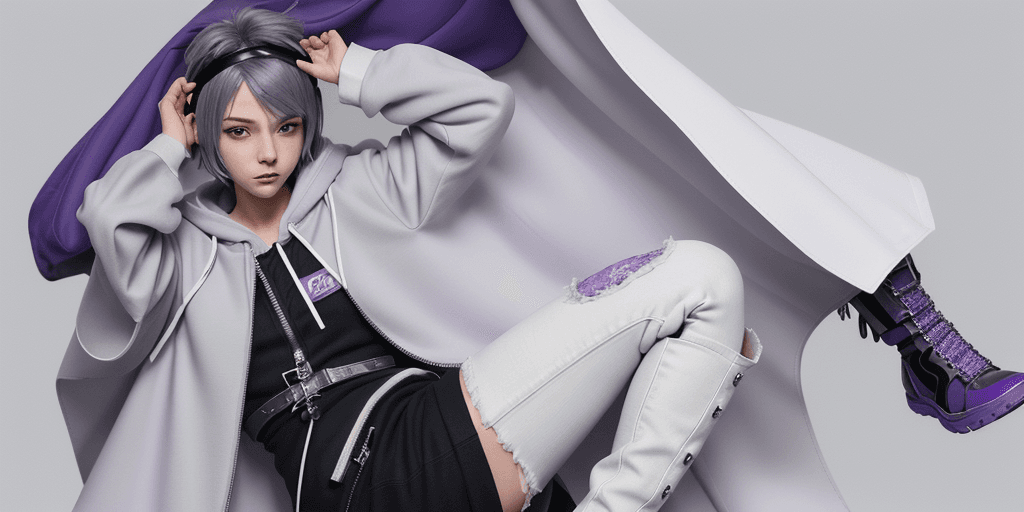 AI generated: a purple-haired traveller, alchemist boy, short hair, wearing a headband, long oversized grey hoodie...