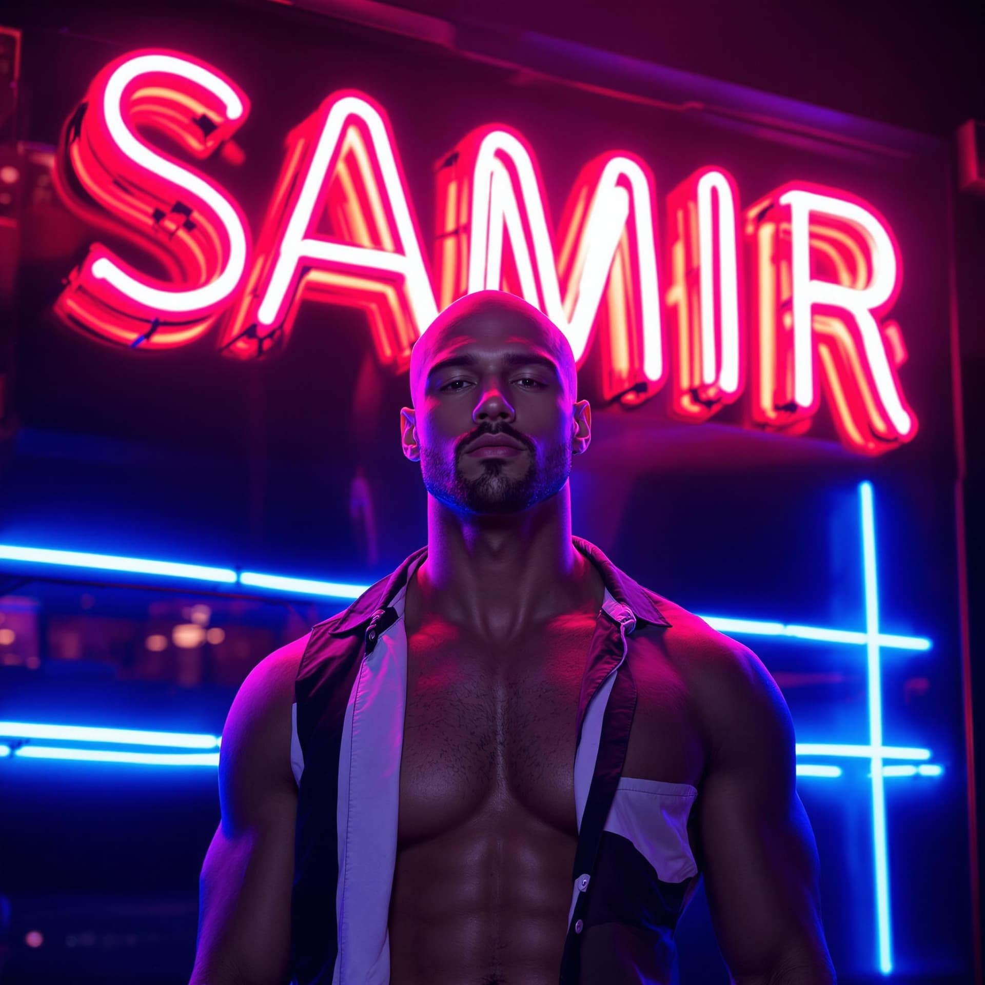 AI generated: a HANDSOME SKINNY BALD man stands in front of a neon sign that reads "SAMIR" in bold white letters. ...
