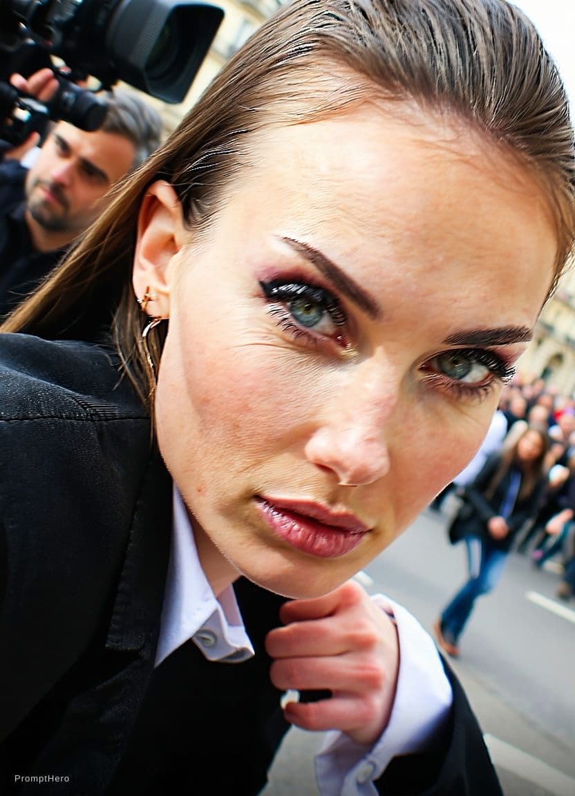 AI generated: Paparazzi-style extreme close-up photo of a woman with striking facial features, caught off-guard wh...
