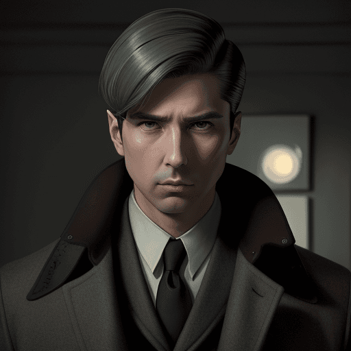 AI generated: a confident man detective with a sleek bobbed hairstyle cut and observant brown eyes, wearing a gray...