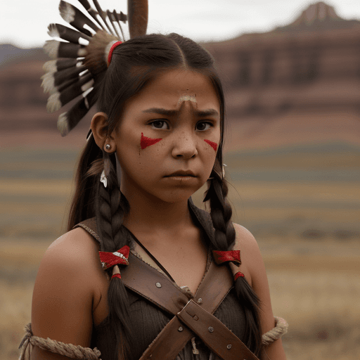 AI generated: american angry young native girl, with bow and tomahawk, 8k, wild west style, 