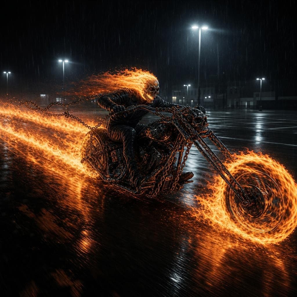 AI generated: Ghostrider's stretched flaming skull and chains motorcycle in an empty parking lot at night driving ...