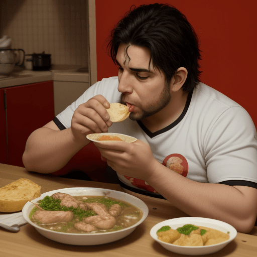 AI generated: Pasco en su casa comiendo con Hiro caldo de pollo