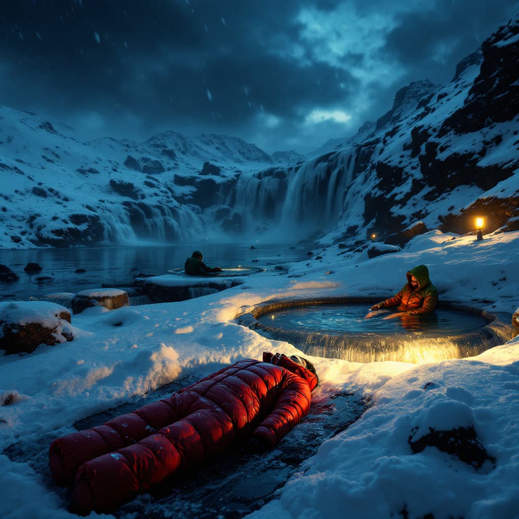 AI generated: Photo style, heavy snow, hot springs, small waterfalls, very dark night, strong winds, a dead person...