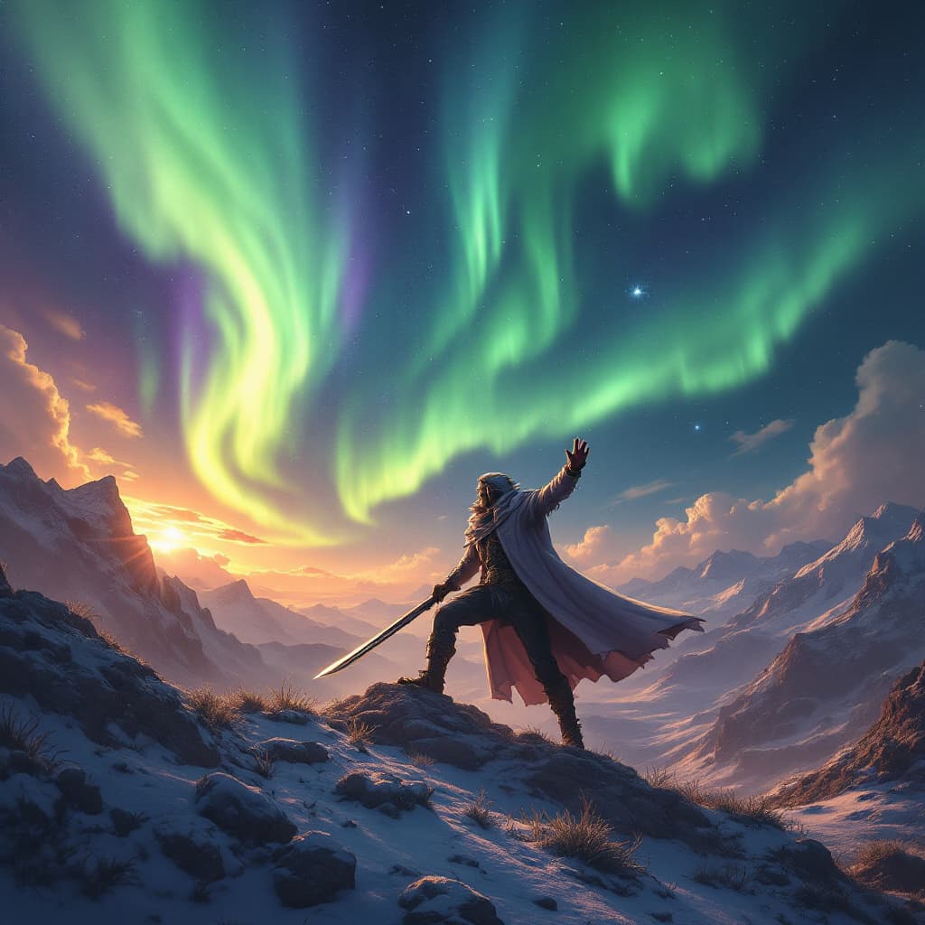 AI generated: Usando al señor Raul Montoya Benites genera una imagen de tipo manga teniendo como fondo la aurora b...