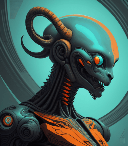 AI generated: alien cyborg art and illustration by theo el, in the style of balanced symmetry, light orange and cy...
