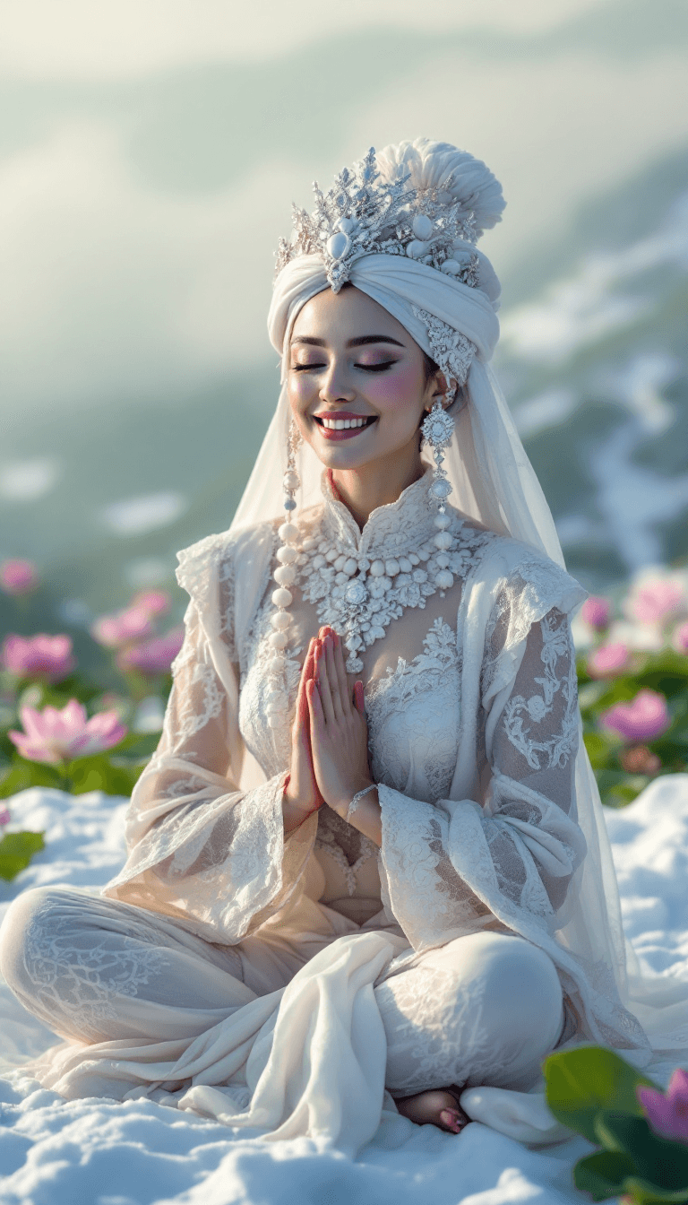 AI generated: Candid closeup photo of a giggling eccentric traditional Siberian queen doing yoga, on top of snowy ...