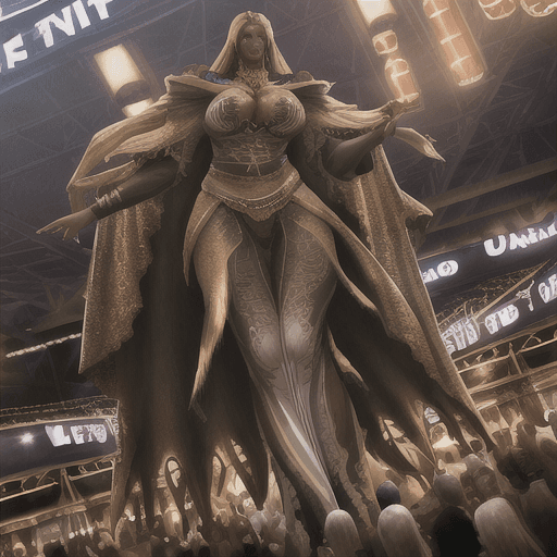 AI generated: Photo of a ultra realistic Extremely tall African woman standing tall over a bar full of English peo...