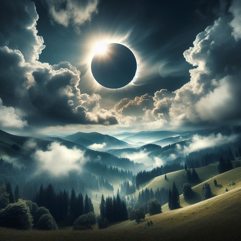 AI generated: Solar eclipse, rolling hills