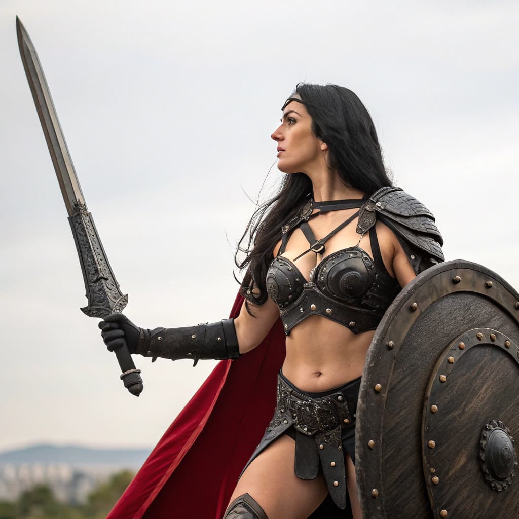 AI generated: A woman in a fantasy setting, dressed in armor and holding a sword and shield. She has long black ha...